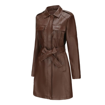 Red PU Leather Waist Lace-Up Long Jacket - Women's Fashion Overcoat