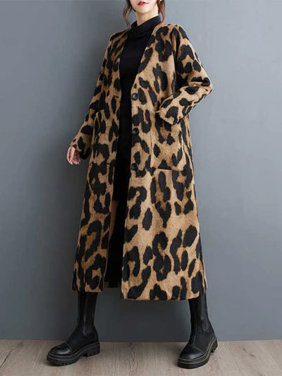 Fashionable Leopard Print Trench Coat | V-Neck, Loose Fit