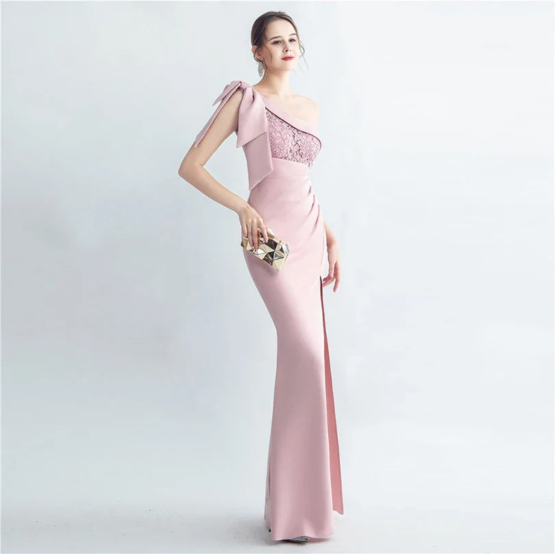 Candy Color Satin One-Shoulder Evening Dress with Slit and Appliques