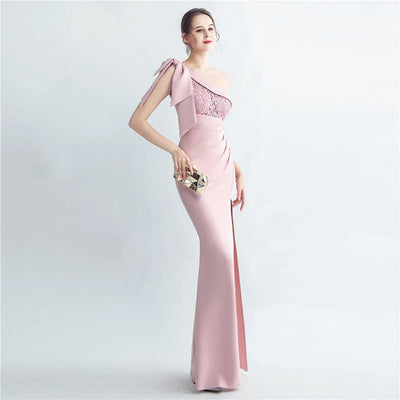 Candy Color Satin One-Shoulder Evening Dress with Slit and Appliques