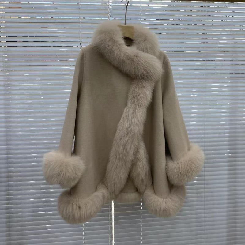 Women's Winter Real Fur Coat with Natural Fox Fur Collar and Wool Blend