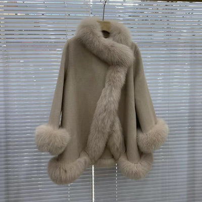 Women's Winter Real Fur Coat with Natural Fox Fur Collar and Wool Blend