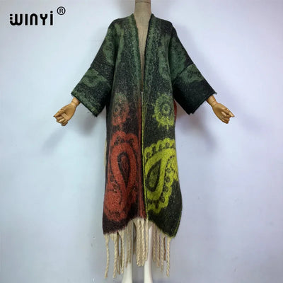 Winter Coat for Women - Luxury Cashew Print Long Overcoat with Tassels