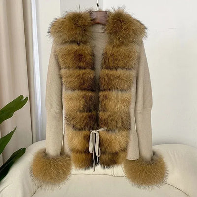 Women's Luxury Fur Coat with Detachable Fox Fur Collar - Autumn/Winter