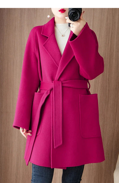 Women Double-Sided Woolen Cashmere Coat with Belt