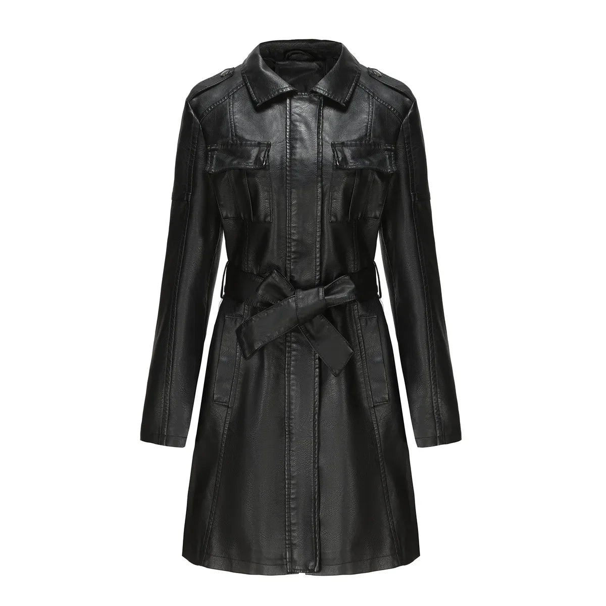Red PU Leather Waist Lace-Up Long Jacket - Women's Fashion Overcoat