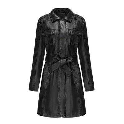 Red PU Leather Waist Lace-Up Long Jacket - Women's Fashion Overcoat