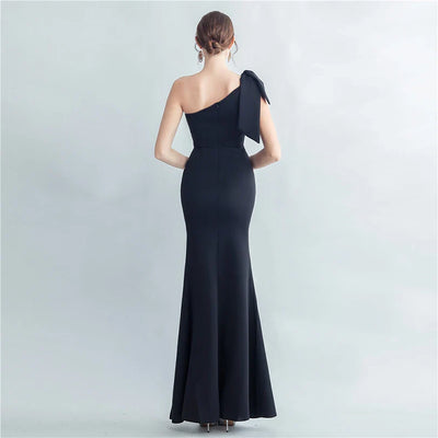 Candy Color Satin One-Shoulder Evening Dress with Slit and Appliques