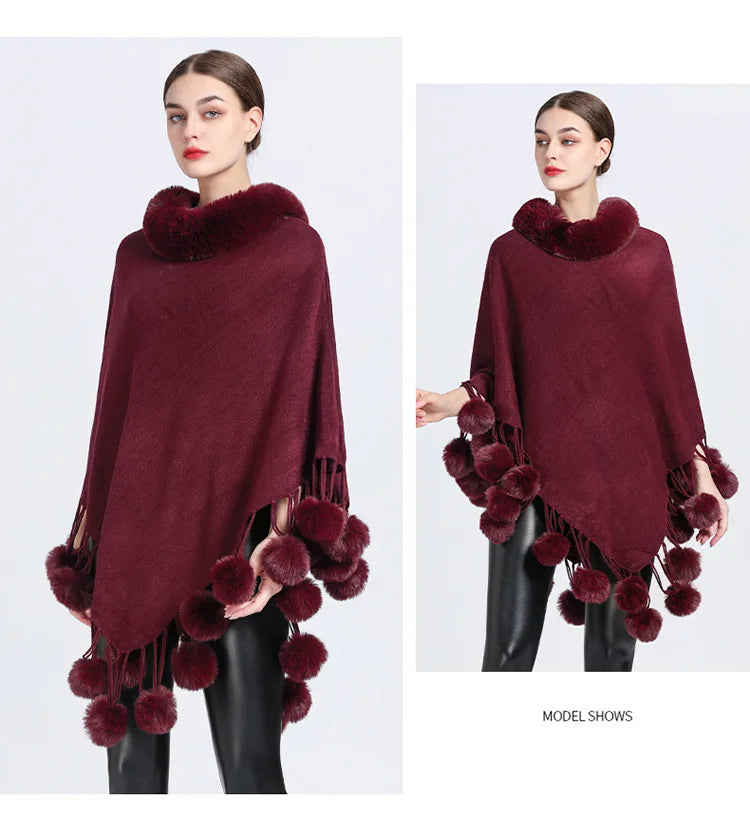 Poncho Scarf with Faux Fur Collar and Fringed Shawl