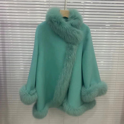 Women's Winter Real Fur Coat with Natural Fox Fur Collar and Wool Blend