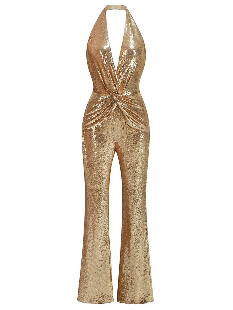 Sexy Sequined V-Neck Backless Jumpsuit for Women