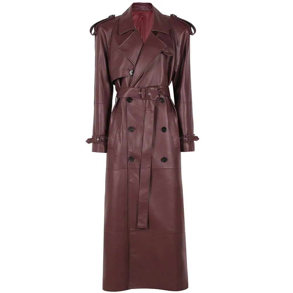 Long Real Leather Trench Coat for Women - Double Breasted Suede