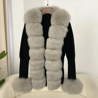 Women's Luxury Fur Coat with Detachable Fox Fur Collar - Autumn/Winter