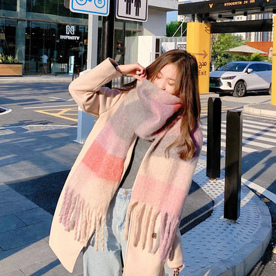 Luxury Rainbow Stripe Wool Scarf | Winter Warm Tassel Shawl Wrap