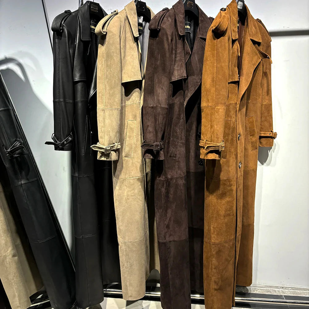 Long Real Leather Trench Coat for Women - Double Breasted Suede