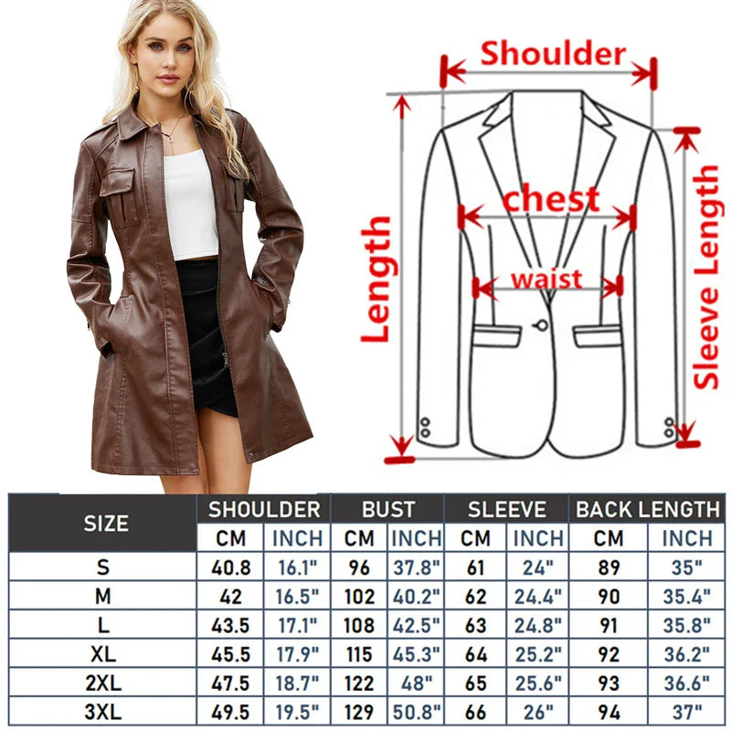 Red PU Leather Waist Lace-Up Long Jacket - Women's Fashion Overcoat