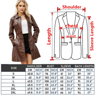 Red PU Leather Waist Lace-Up Long Jacket - Women's Fashion Overcoat