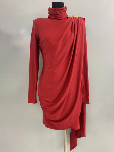 Solid Patchwork Ruffles Mini Dress for Women, Stand Collar, Asymmetrical Slimming Design