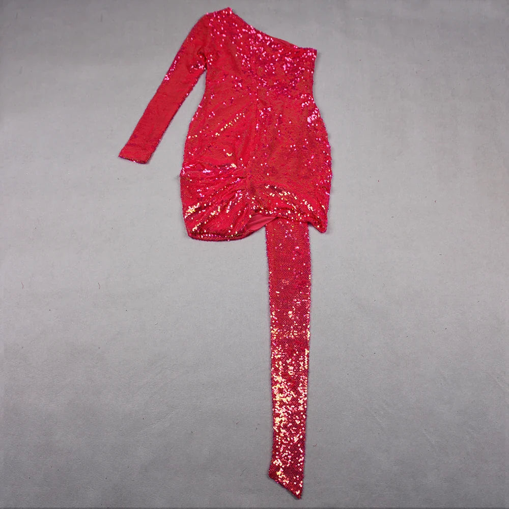 Women’s Green Pink Gold Sequined One Shoulder Party Dress