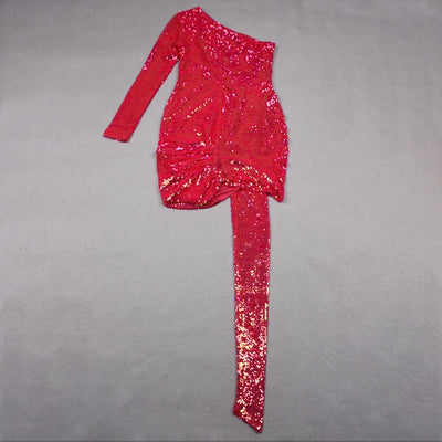 Women’s Green Pink Gold Sequined One Shoulder Party Dress