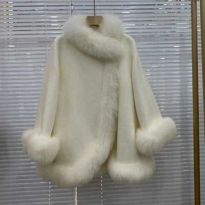 Women's Winter Real Fur Coat with Natural Fox Fur Collar and Wool Blend