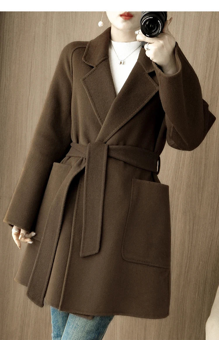 Women Double-Sided Woolen Cashmere Coat with Belt