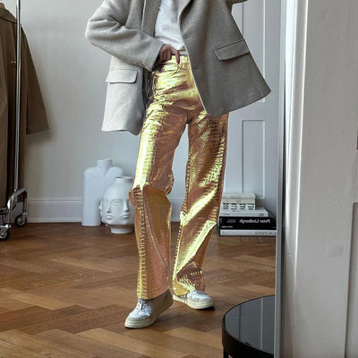 High Waisted Baggy PU Pants | Silver & Gold Loose Trousers