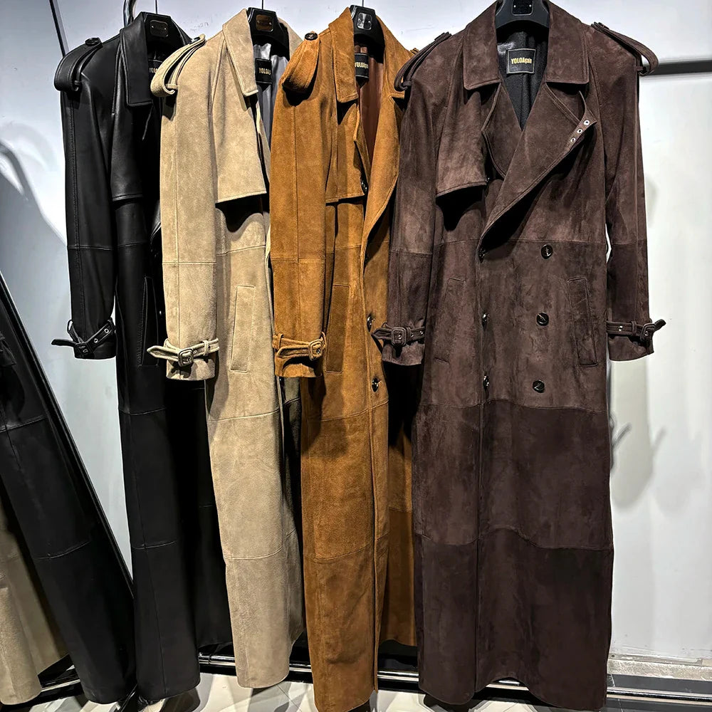 Long Real Leather Trench Coat for Women - Double Breasted Suede