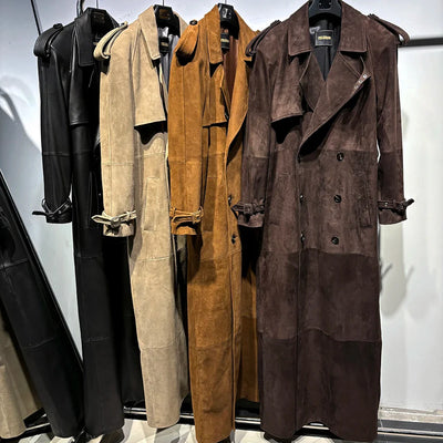 Long Real Leather Trench Coat for Women - Double Breasted Suede