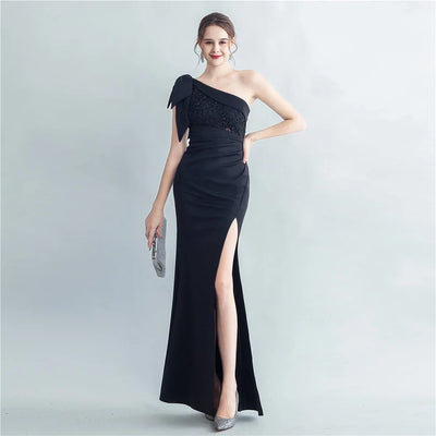 Candy Color Satin One-Shoulder Evening Dress with Slit and Appliques