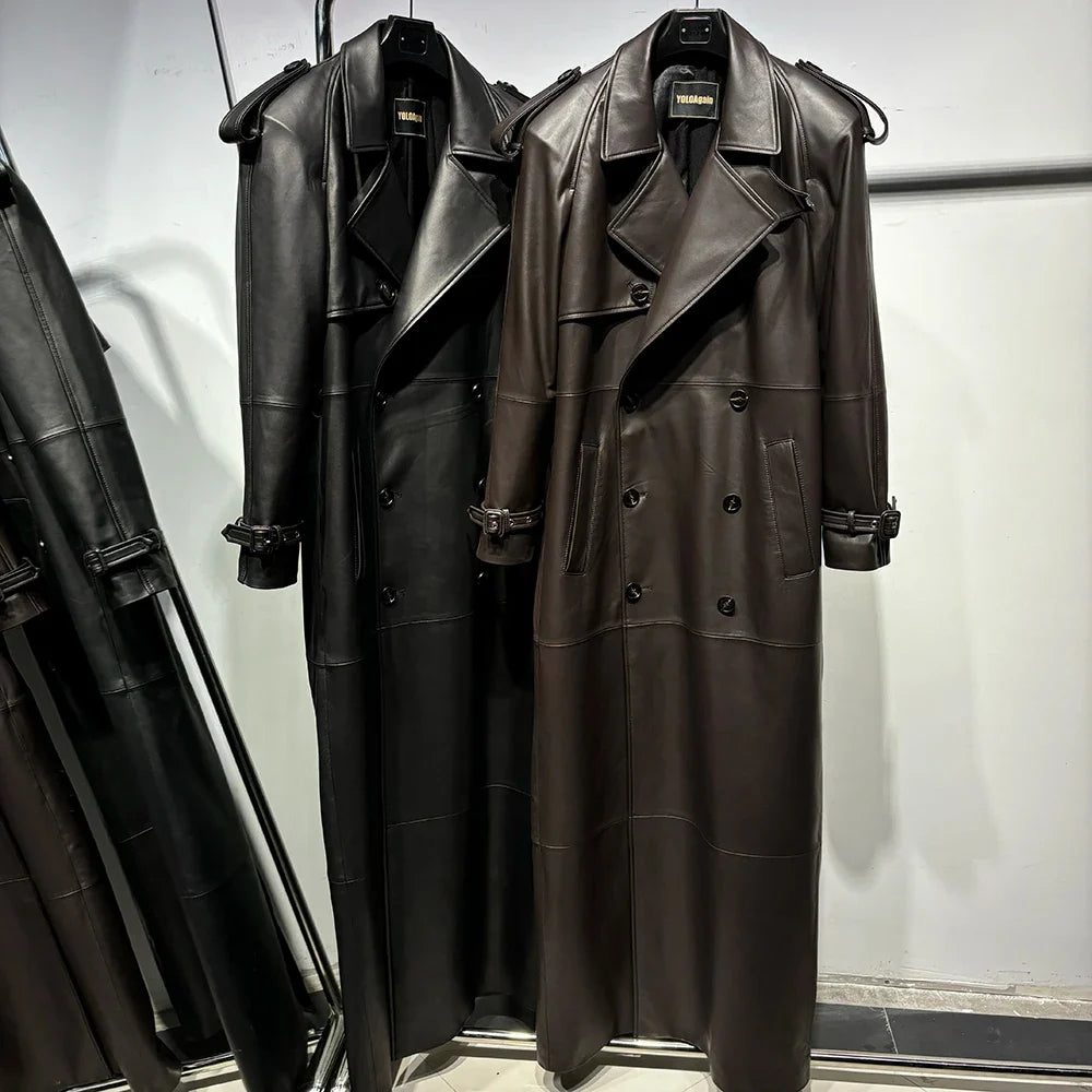 Long Real Leather Trench Coat for Women - Double Breasted Suede