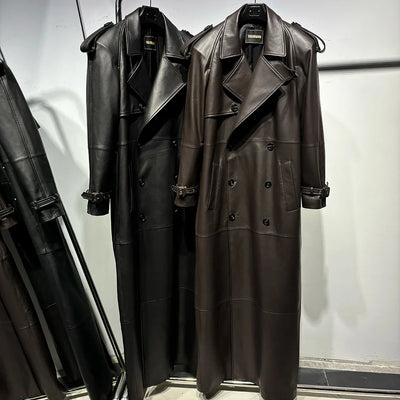 Long Real Leather Trench Coat for Women - Double Breasted Suede