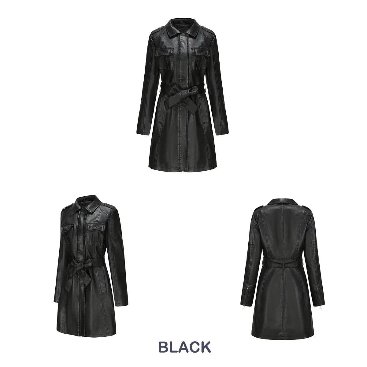 Red PU Leather Waist Lace-Up Long Jacket - Women's Fashion Overcoat