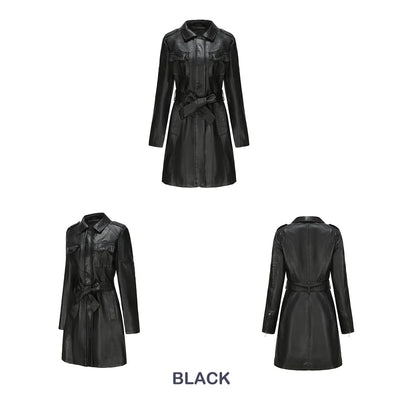 Red PU Leather Waist Lace-Up Long Jacket - Women's Fashion Overcoat