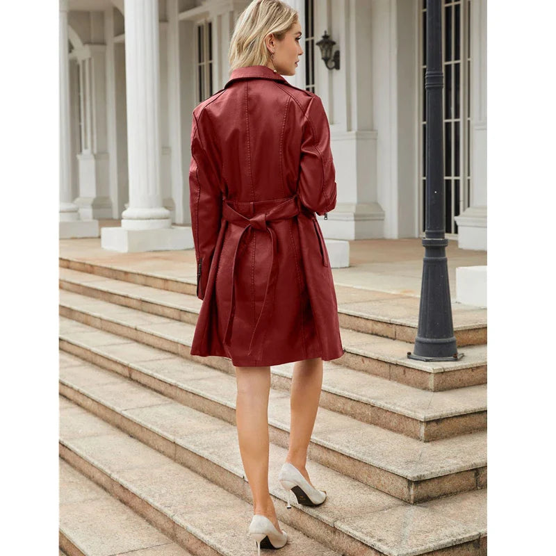 Red PU Leather Waist Lace-Up Long Jacket - Women's Fashion Overcoat