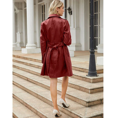 Red PU Leather Waist Lace-Up Long Jacket - Women's Fashion Overcoat