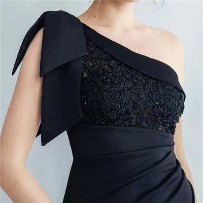 Candy Color Satin One-Shoulder Evening Dress with Slit and Appliques