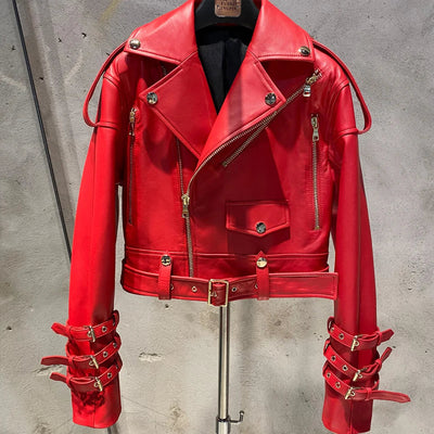 Women's Leather Belt Jacket - Real Sheepskin, Warm Autumn Coat