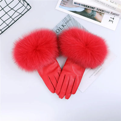 Sheepskin Leather Gloves with Fox Fur Trim – Women's Winter Mittens