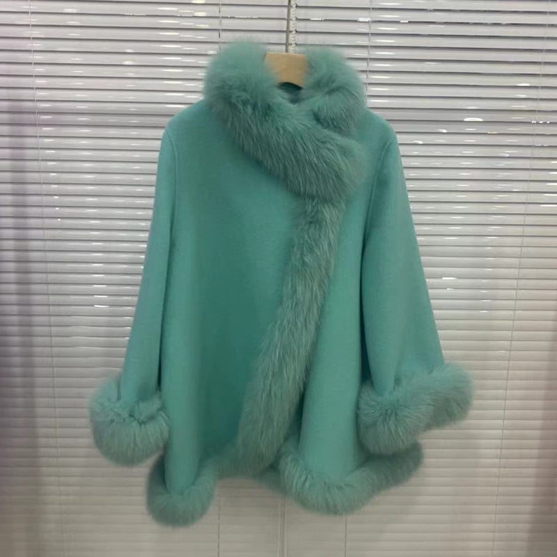 Women's Winter Real Fur Coat with Natural Fox Fur Collar and Wool Blend