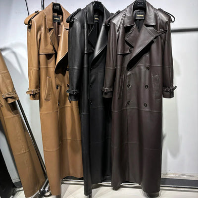 Long Real Leather Trench Coat for Women - Double Breasted Suede