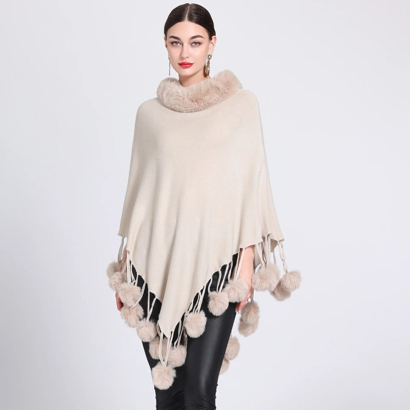 Poncho Scarf with Faux Fur Collar and Fringed Shawl