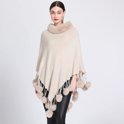 Poncho Scarf with Faux Fur Collar and Fringed Shawl
