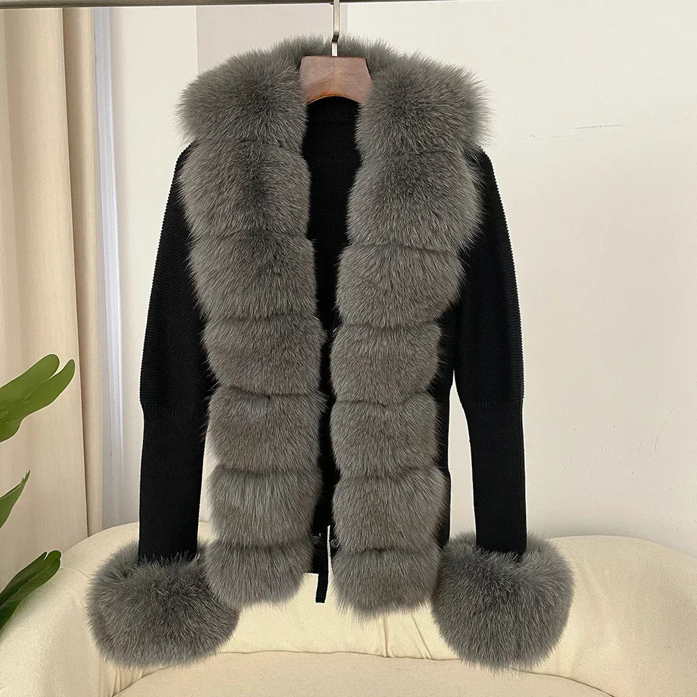 Women's Luxury Fur Coat with Detachable Fox Fur Collar - Autumn/Winter