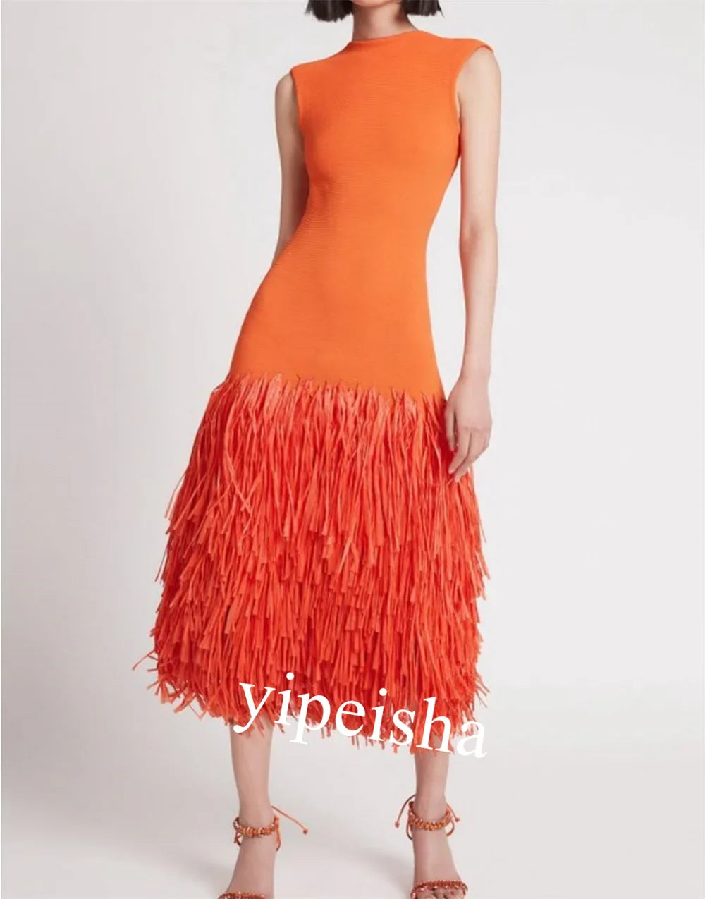 Customized Jersey Tassel Occasion Dress | Knee-Length, Sleeveless