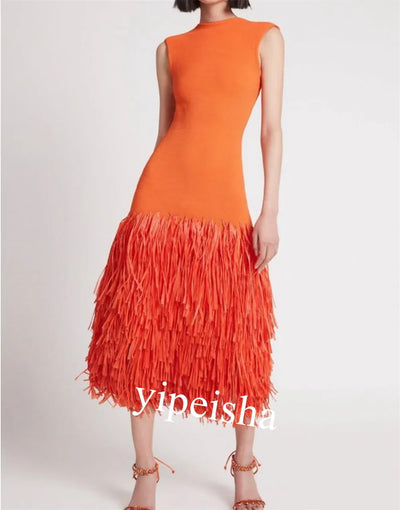 Customized Jersey Tassel Occasion Dress | Knee-Length, Sleeveless