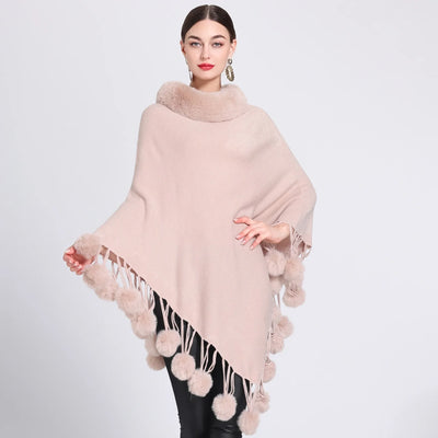 Poncho Scarf with Faux Fur Collar and Fringed Shawl