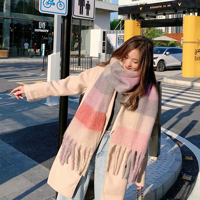 Luxury Rainbow Stripe Wool Scarf | Winter Warm Tassel Shawl Wrap
