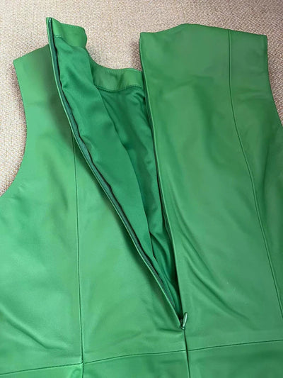 Leather Midi Dress - Sleeveless Pleated Skirt