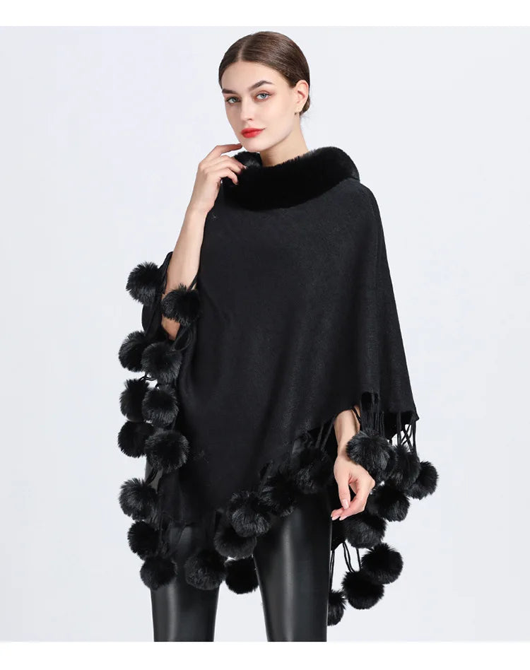 Poncho Scarf with Faux Fur Collar and Fringed Shawl
